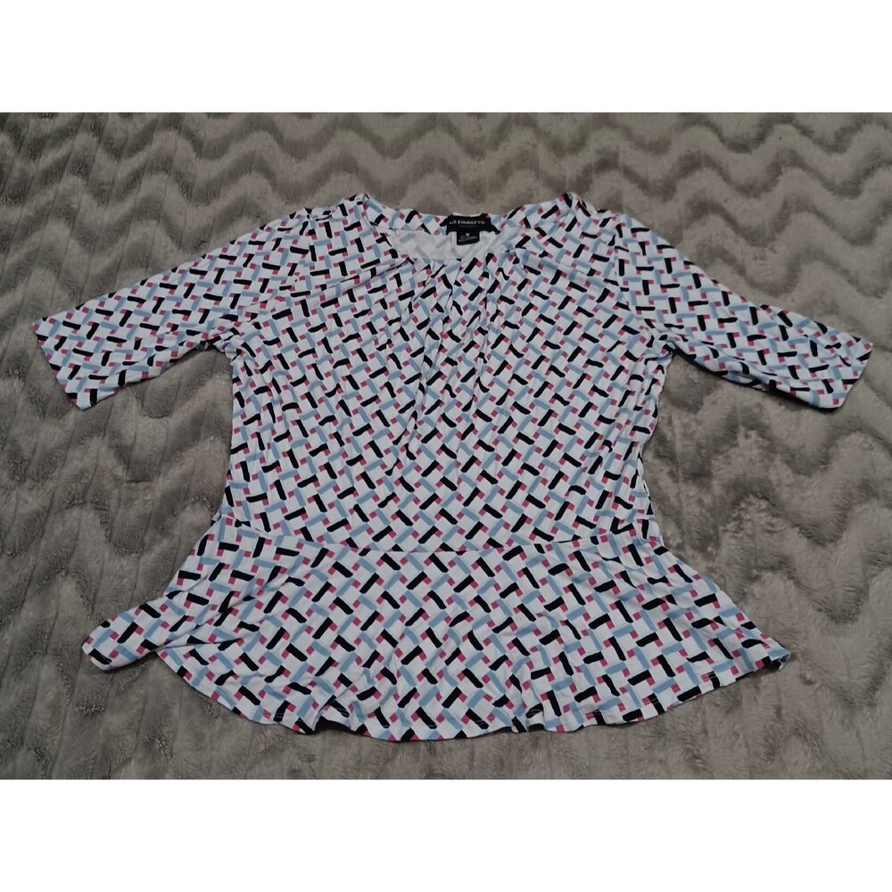 Liz Claiborne Womens Size M White Blue 1/2 Sleeve Diamond Blouse Shirt